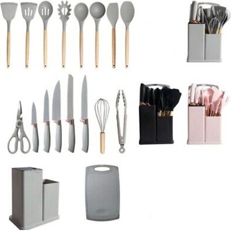 TrAdE Shop Traesio - Set Di Utensili Coltelli Da Cucina Da Chef Da 19 Pezzi In Silicone Con Manico In Legno -
