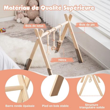 Baby gym en bois avec 3 suspensions, arche d’éveil bébé dès 3 mois, pliable et stable 60x44x60 cm (1/5)