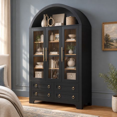 Vetrina 110 x 40 x 185 cm nera in MDF, 3 ante in vetro e 4 cassetti - CHICFURN (1/5)