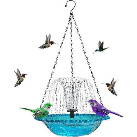 Abreuvoir sur pied pour oiseaux d'extérieur - Fontaine à eau solaire - Abreuvoir suspendu pour colibris - Douchette pour oiseaux avec 7 jets - Convient aux pelouses - Bleu - 23,5 x 46 cm