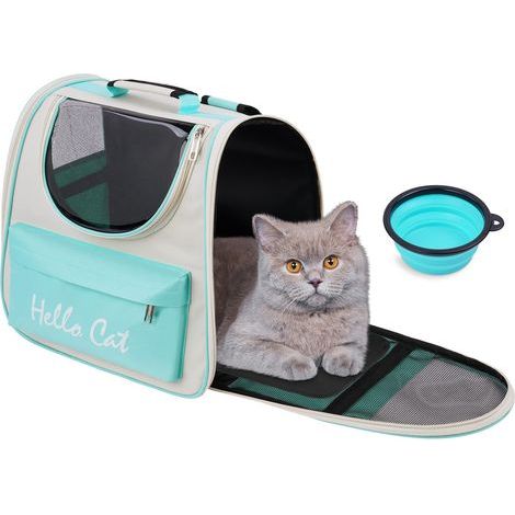 Sac à Dos Transport Chat Chien, Spacieux et respirant sac de voyage pour animaux de compagnie avec bol, Convient aux petits et moyens chiens et chats, Camping Randonnées Voiture Restaurant(Vert) (1/5)