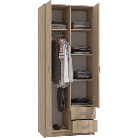 Armario 2 Puertas Cimena, Ropero Dormitorio Perchero, 2 Cajones, 4 Estantes, 80x205h cm Roble Marrón
