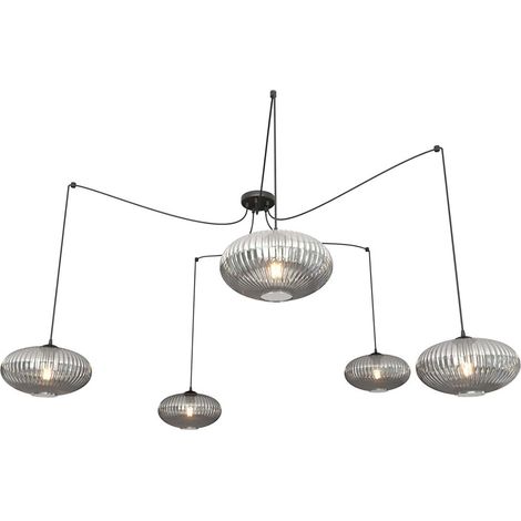 Lampadario 5 Luci Elios In Acciaio Nero Paralume Plissettato Fumè (1/2)