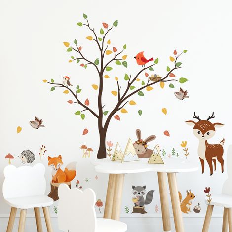 Sollbry Stickers Muraux Animaux Forêt Arbre Autocollant Mural Hibou Renard Cerf Décoration Murale Chambre Bébé Pépinière Enfant (1/4)