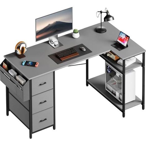 EcoFurnix Eckschreibtisch, 140x78cm Spieleschreibtisch, L-förmiger Schreibtisch mit 3 Schubladen, Computer-Schreibtisch mit Stauraum, Grau