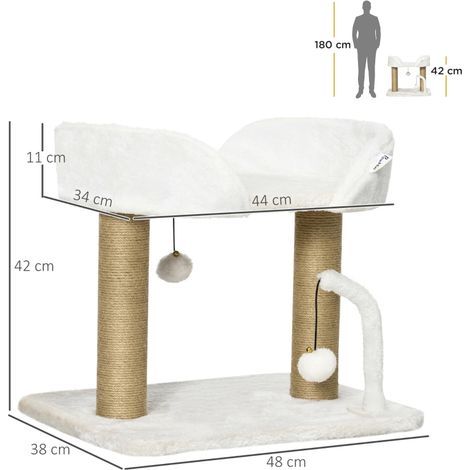 42cm Indoor Cat Tree, with Toy Balls, Jute Scratching Post - White
