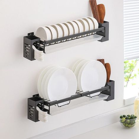 Mensola da cucina in acciaio inox da parete, senza fori, per riporre ciotole e piatti, scolapiatti compatto, 43×15×7,5 cm (1/4)