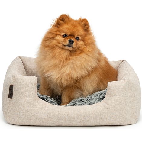 lionto Kuschelbett für Hunde, gemütliches Hundebett mit herausnehmbarem Wendekissen, rutschfestem Boden, 60x50 cm, beige (1/5)