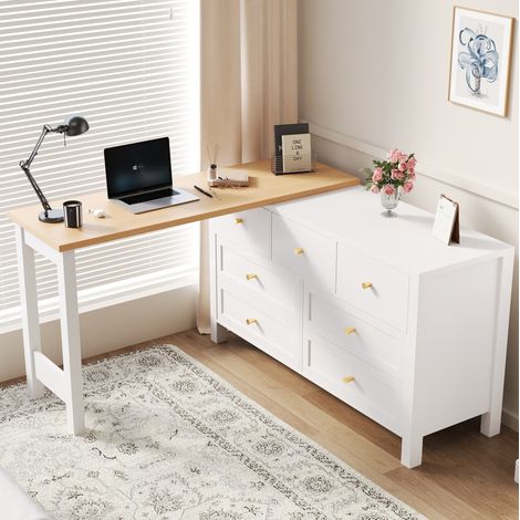 Schreibtisch aus Spanplatte in Eiche/Weiß 120 x 40 x 70 cm mit 7 Schubladen, 360° drehbare Tischplatte (1/5)