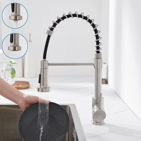 Robinet de Cuisine à Ressort avec Douchette Extensible, Robinetterie Évier Rotatif à 360° avec 2 Modes Spray et Stream Available,Froid & Chaud Disponible,Brossé (1/5)