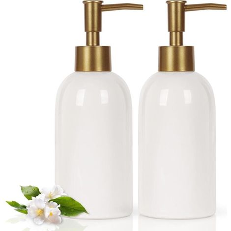 Distributeur de savon en céramique 14 oz, distributeur à pompe en céramique rechargeable pour salle de bain/cuisine (paquet de 2, blanc) (1/4)