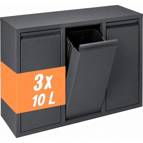 Relaxdays Mülleimer, 3 Fächer, 3x10 l, aufklappbar, entnehmbare Inneneimer, Metall, stehend oder Wandmontage, anthrazit