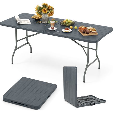 Table pliante grise 6 pieds avec plateau en HDPE imitation bois et verrouillage sécurisé, pour pique-nique, camping et terrasse (1/5)