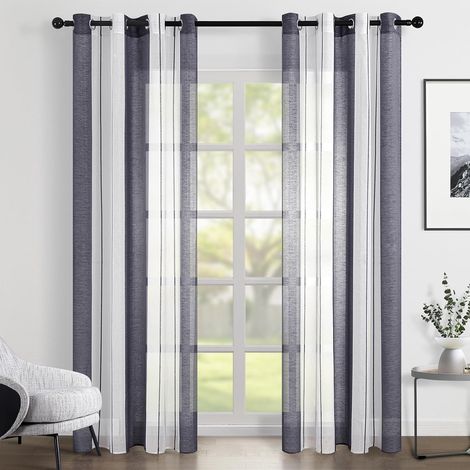 Lot de 2 Rideau Voilage Blanc etGris Rayures 140x240 cm Imprimes Rideaux pour Fenetre de Salon Moderne Cuisine Chambre Adulte à Oeillets Panneaux de Rideaux Intérieurs Semi-Transparent (1/5)