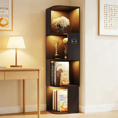 Eckvitrine mit 3-farbiger LED-Beleuchtung und Bewegungssensor, 4-stufiges Bücherregal, Schwarz (1/5)