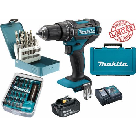 Makita – Perceuse visseuse à percussion 18V 62Nm – 1 batterie 3Ah Li-Ion – 30 embouts vissage – 18 forets bois, acier, béton D-46202 (1/4)