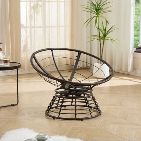 Fauteuil Papasan Rotatif 360° en Rotin PE avec Coussin Épais Bleu Marine, Structure Acier Marron, pour Intérieur et Extérieur (1/5)
