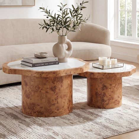 Wahson Lot de 2 Tables Basses Gigognes en Nuage avec Imitation Marbre Table de Salon Moderne avec Base en Bois, pour Salon/Chambre//Bureau, Ø 78 cm, Ø 60 cm, Jaune