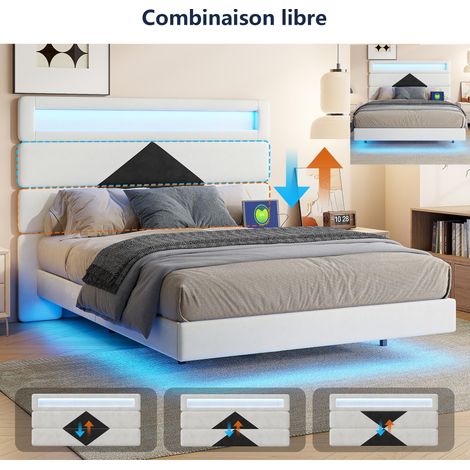 Lit double 140x190 cm avec lumières LED, lit flottant rembourré, tête de lit avec fonction chargement USB Tpye C, lit suspendu, tissu en velours, blanc (1/5)