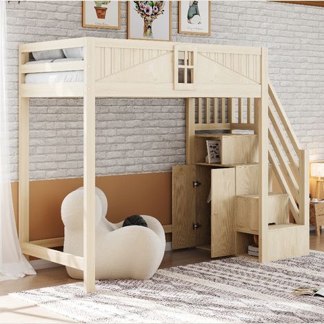 Massivholz-Hochbett 90x200 cm mit Stauraum und Sicherheitstür, austauschbare Leiter, Multifunktionsbett aus Kiefernholz, Holzfarbe (1/5)