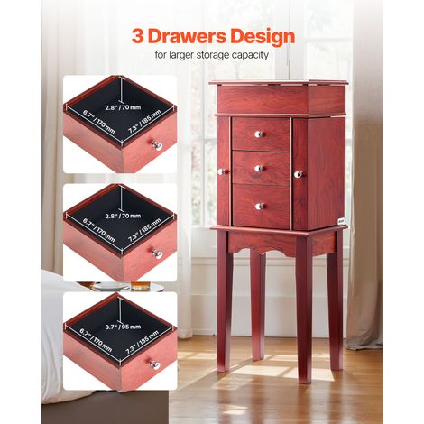 Armoire à bijoux sur pied en bois, coffre rangement à bijoux avec 3 tiroirs, miroir rabattable, 4 compartiments rangement supérieur… (1/5)