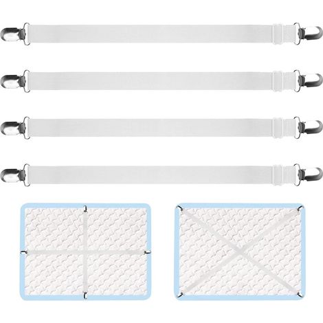 Attaches élastiques réglables pour draps avec clips métalliques protégés par du plastique pour housse de matelas et de canapé, blanc, lot de 4 [NX] (1/5)