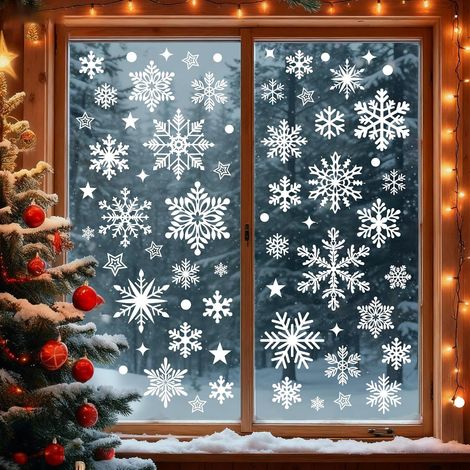 5autocollants Noël XXL flocons blancs réutilisables, vitrophane pour vitres intérieures (1/4)