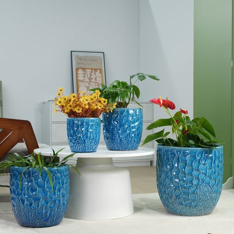 Vaso in ceramica Ø22,5 cm, blu lucido, rilievo martellato, foro di drenaggio DESVIAE (1/5)