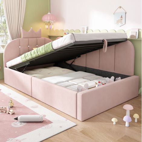 Bett Tagesbett Stauraum 90x190 L Form Samt Rosa HAVRYA (1/5)