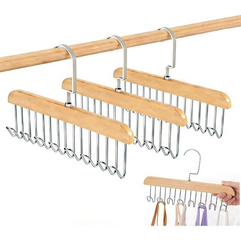 Lot de 3 porte-ceintures, penderie, 28 cm, cintre avec crochets, ceintures, rangement d'armoire, étagère à cravates, en bois, crochet rotatif à 360°, porte-cravates (1/5)