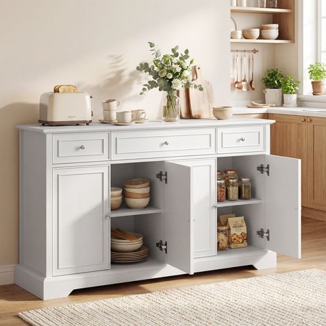 Buffet salon. meuble de rangement avec 3 tiroirs. 4 portes à fermeture douce et étagères réglables. blanc