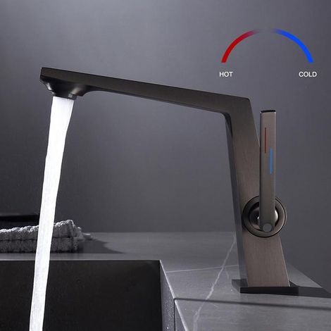 Robinet mitigeur de lavabo gris monotrou avec poignée unique – Robinet eau chaude/eau froide moderne (1/4)