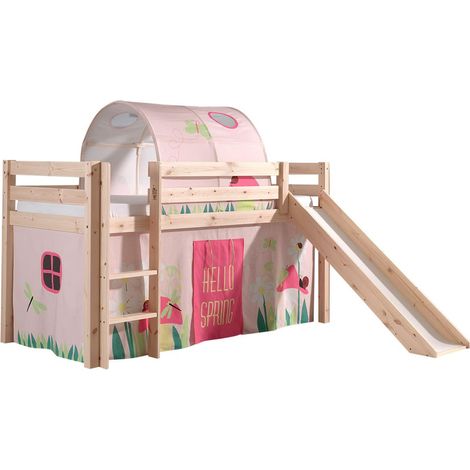 SLEEPY - Lit Mi-Haut Tobogan en Pin Naturel 90x200cm Housse et Tunnel Garden