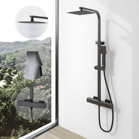 SKY Bathroom Matt Black Thermostatic Mixer Shower Set Square Twin Head Exposed Valve