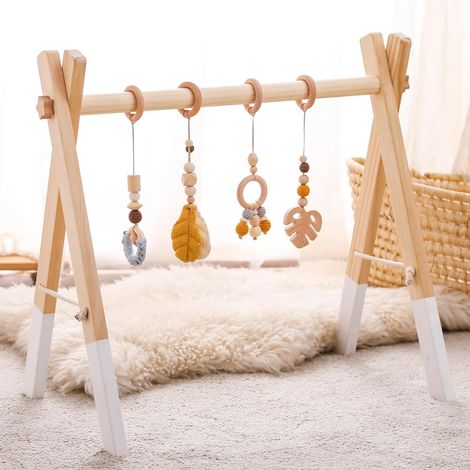Arche de Jeu Bébé Bois Baby Gym Bois Arche de Jeu Bébé Nouveau-né Jouet Arche de Jeu Centre d'Activité Bébé Jaune Pendentif Design Amovible Arche de Jeu Bébés Bois (1/5)