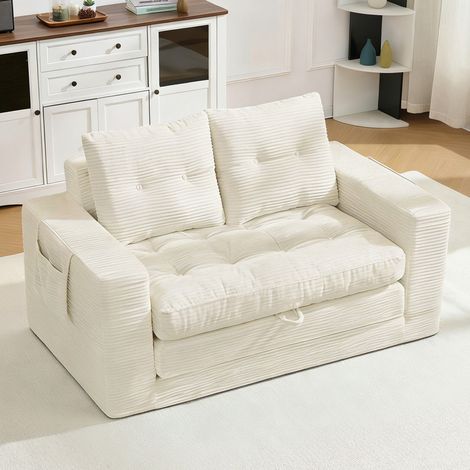 Canape convertible 2 places tissu cotele beige HAVRYA (1/5)