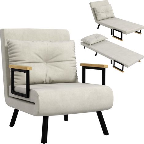 Chaise convertible multifonction 4-en-1 / Lit simple — Dotée d'un dossier réglable sur cinq positions, d'accoudoirs en bois et d'un coussin d'assise, le tout revêtu d'un tissu en faux velours de co...