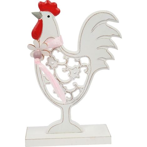 Grand coq de Pâques sur support, décoration de table en bois, 17 cm, blanc (1/2)