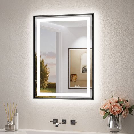 Keonjinn Badspiegel mit Beleuchtung, 60x80cm Schwarz Front- und Rücklicht LED Spiegel Bad mit Alurahmen 3 Lichtfarben dimmbar, Badezimmerspiegel Antibeschlag, Gehärtetes Glas, Memory, IP44