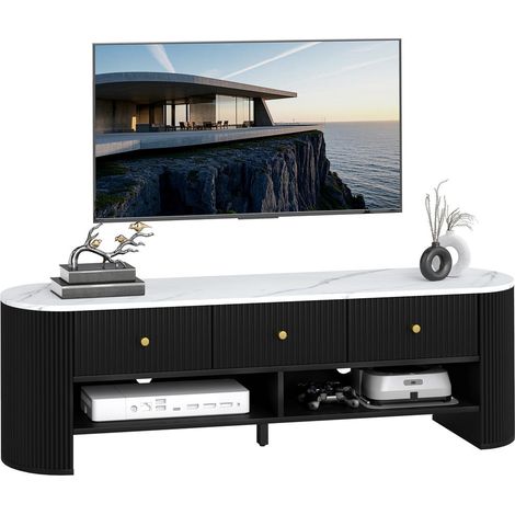 3 tiroirs et 2 étagères : meuble TV 140 cm pour téléviseur 65 pouces, plateau effet marbre blanc et passe-câbles (1/5)