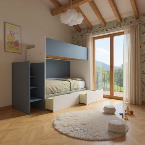 Letto a castello minimalista con terzo letto estraibile - Bianco e Avio