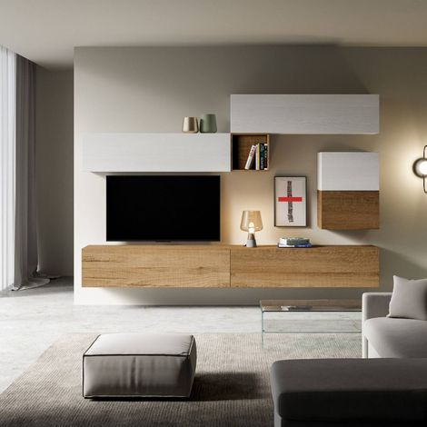 Parete attrezzata in legno sospesa moderna L.308xP.39,5 bianco e quercia A10 (1/5)