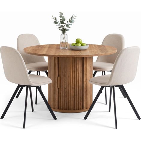 FurnitureR Runde Essgruppe 120 cm mit 4 Drehstühlen und Stauraum 120 cm Rundtisch mit integriertem Stauraum und 4 drehbaren Polsterstühlen für gemütliche Mahlzeiten (1/5)