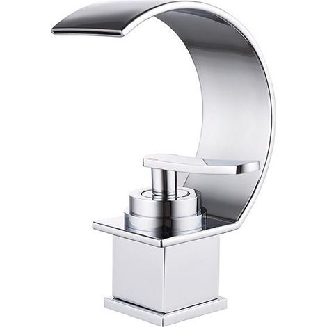 Robinet mitigeur d'eau chaude et froide, mitigeur de salle de bains chromé, sortie de cascade contemporaine, écoulement doux - Chrome (1/3)