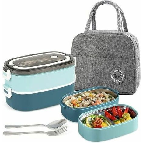 Boîte À Lunch - Boîte À Bento 2 Niveaux 3 Compartiments Étanches - Pour Enfants Et Adultes - Avec Couverts En Acier Inoxydable - 1 Pièce (1/5)