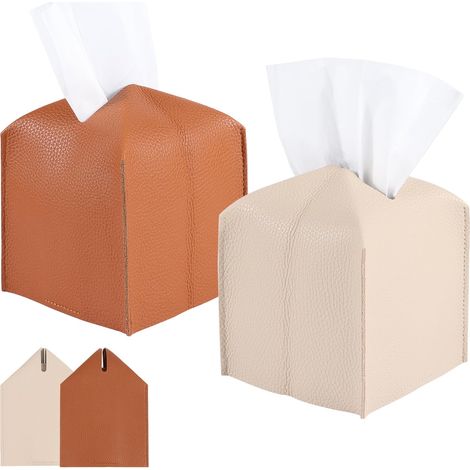 2 cajas modernas de piel para pañuelos - Funda recargable para mesa, baño, coche, oficina - Beige, 13 x 13 x 13 cm