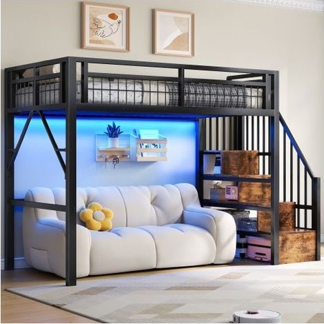 Lit Mezzanine 90x200 cm - LED et Espace Libre - lit simple - Escaliers Rangement, garde-corps de sécurité - lit ado - Noir (1/5)
