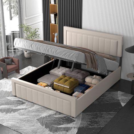 Letto contemporaneo con box contenitore 160x200cm in velluto beige NASHVILLE (1/4)