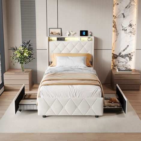 FOERPL-Gepolstertes Doppelbett 90x200 cm mit LED-Beleuchtung und USB-Anschlüssen, Stauraumbett mit 4 Schubladen und Lattenrost, gestepptes Bettgestell 90x200 cm mit Stauraum-Kopfteil 2-Personen-Bett