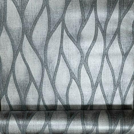 Gravity Charcoal Black Waves Silver Glitter Embossed Textured Vinyl Wallpaper (1/4)